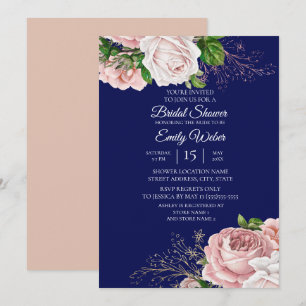 Invitation Fleurs roses rose poudré sur fond bleu marine pour