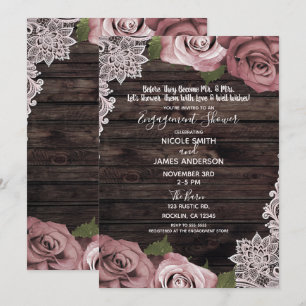 Invitation Fleurs roses rose poussiéreux en bois rustique pou