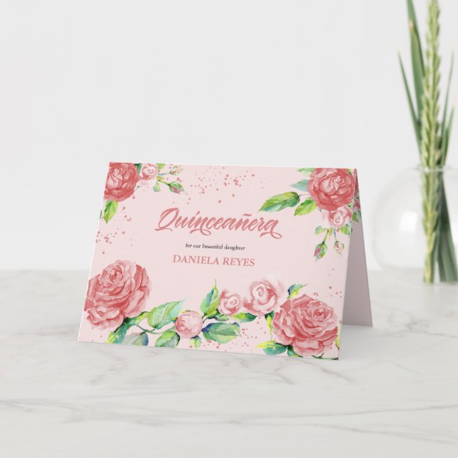 Invitation Fleurs roses roses Aquarelle Florale Quinceanera (Devant)