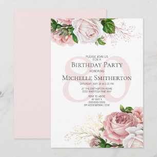 Invitation Fleurs roses roses blush Blanc 80e anniversaire