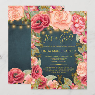 Invitation Fleurs roses roses blush navire lumières dorées Ba