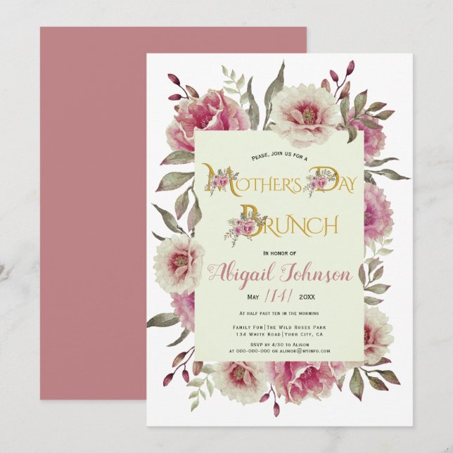 Invitation Fleurs roses roses poussiéreuses Brunch de la Fête (Devant / Derrière)