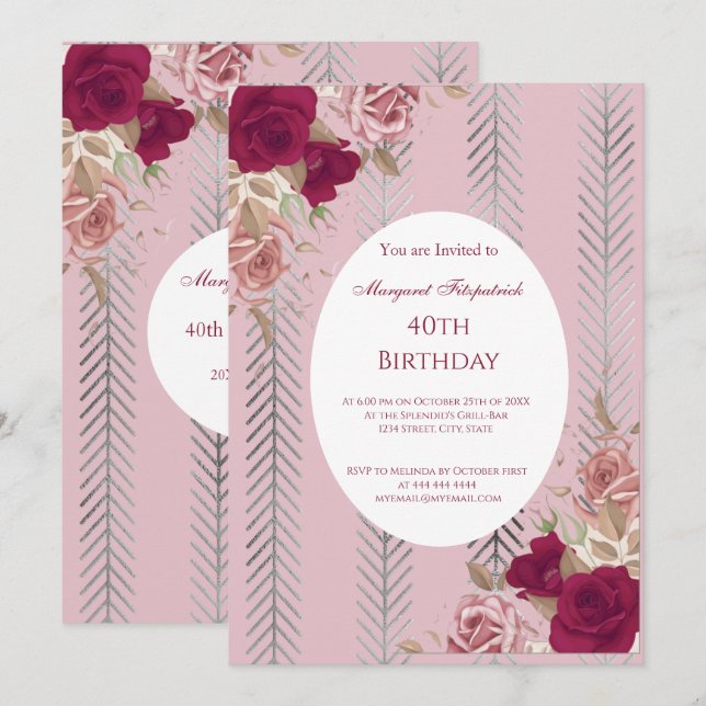 Invitation Fleurs Roses Roses Roses Roses Rouge Anniversaire  (Devant / Derrière)