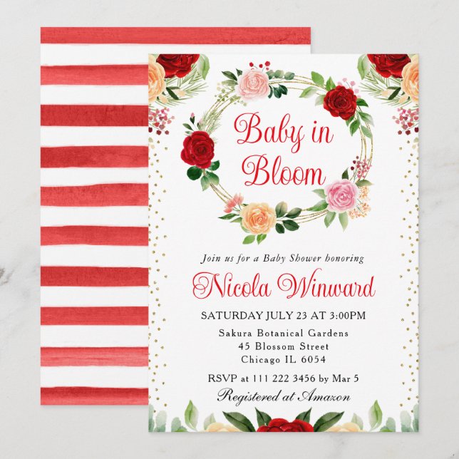 Invitation Fleurs Roses rouges et orange Baby shower de couro (Devant / Derrière)