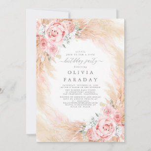 Invitation Fleurs Roses Rouges Pampas Grass Anniversaire