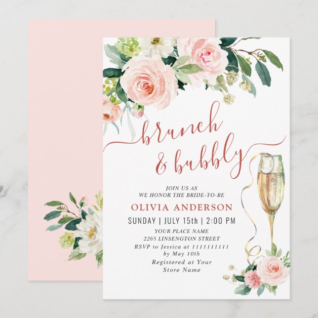 Invitation Fleurs roses rousses Aquarelle Brunch nuptial (Devant / Derrière)