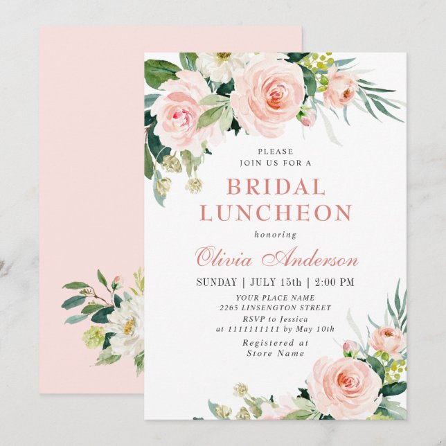 Invitation Fleurs roses rousses Aquarelle Nuptiale Déjeuner (Devant / Derrière)