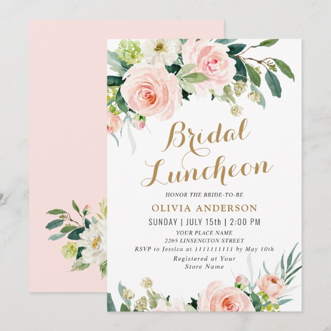 Invitation Fleurs roses rousses Aquarelle Nuptiale Déjeuner (Devant / Derrière)