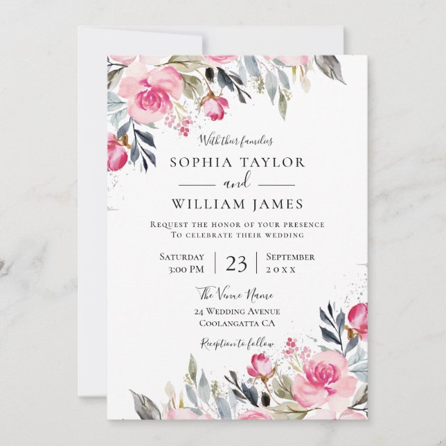 Invitation Fleurs roses rousses Élégant Mariage moderne (Devant)