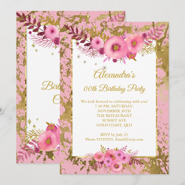 Invitation Fleurs roses rousses Gold Anniversaire (Devant / Derrière)