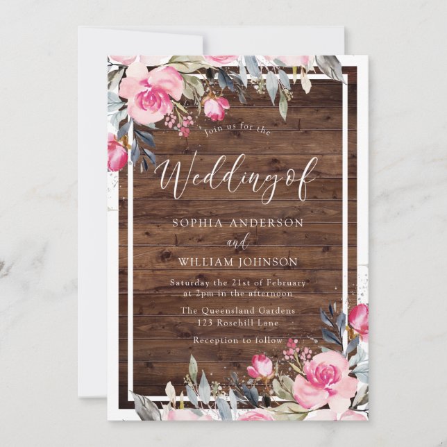 Invitation Fleurs roses rousses Mariage en bois rustique (Devant)