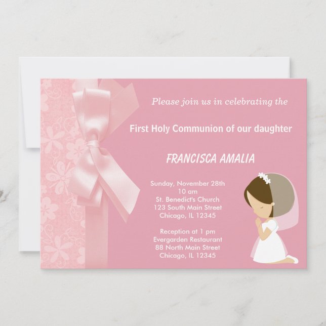 Invitation Fleurs roses Sainte Communion (Devant)