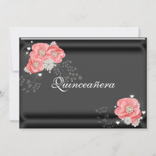 Invitation Fleurs roses sur Noir, Quinceañera, 15e anniversai