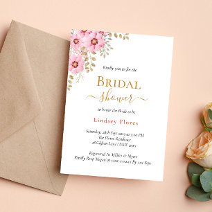 Invitation Fleurs Roses Tendres Verdure Dorée Baby Shower de