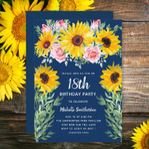 Fleurs roses Tournesols Bleu marine 18e Anniversai