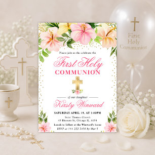 Invitation Fleurs Roses Tropicales Première Sainte Communion