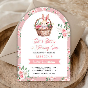 Invitation Fleurs roses, un petit lapin fête son premier anni