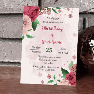 Invitation fleurs roses vert feuille anniversaire botanique