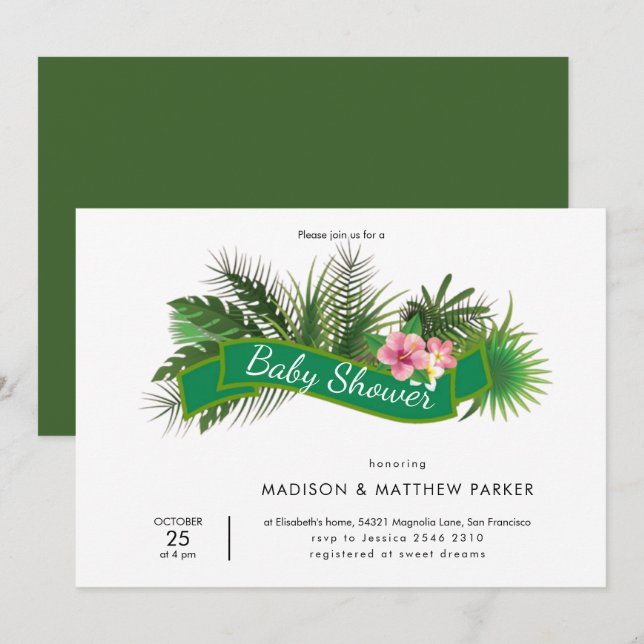 Invitation Fleurs roses vertes (Devant / Derrière)