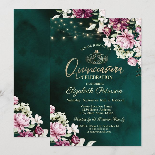Invitation Fleurs roses Vertes Quinceañera (Devant / Derrière)