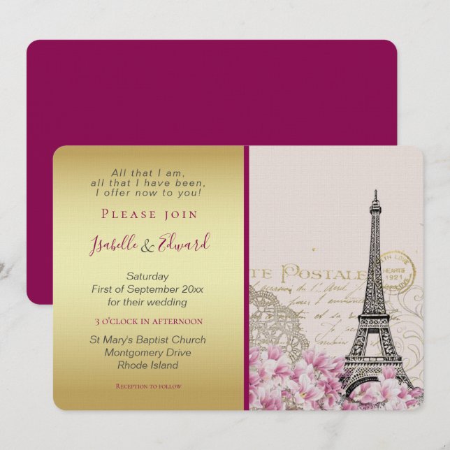 Invitation Fleurs roses vintages Tour Eiffel Or & Bourgogne (Devant / Derrière)