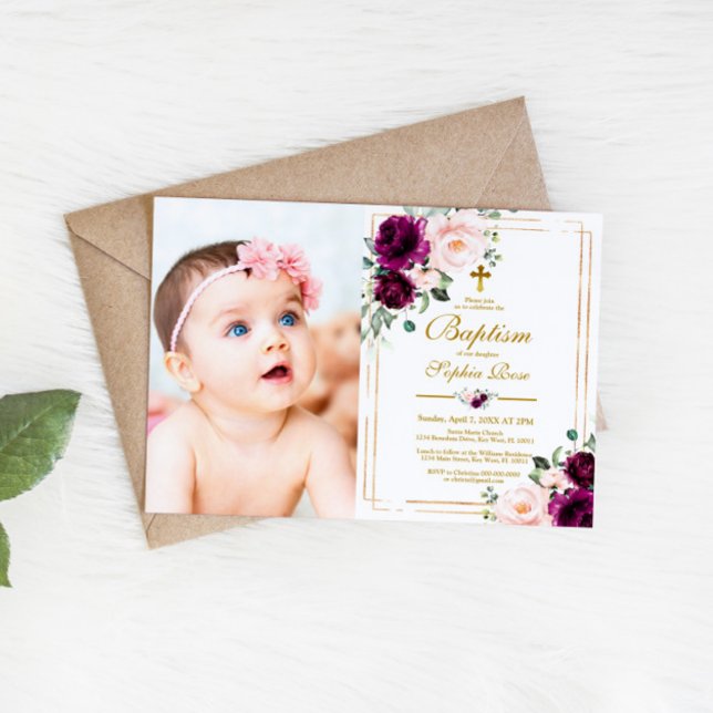 Invitation Fleurs Roses violettes et bleues Photo Girl Baptêm (Créateur téléchargé)