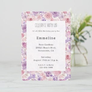 Invitation Fleurs roses violettes Fête des coeurs d'anniversa