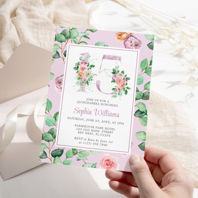 Invitation Fleurs Roses violettes Numéro 15 Floral Quinceañer (Créateur téléchargé)