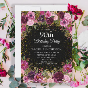 Invitation Fleurs roses violettes Paillettes Noir 90e Anniver