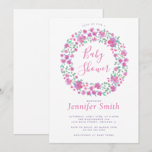 Invitation Fleurs roses Wreath Baby Girl Douche