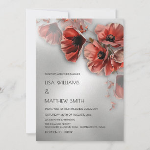 Invitation Fleurs Rouges Argent Élégantes   Photo Mariage
