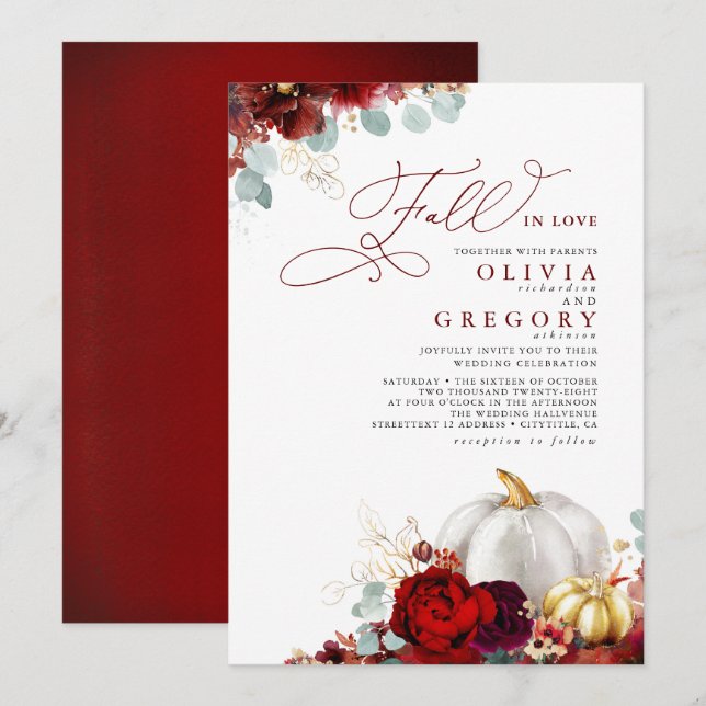 Invitation Fleurs Rouges Bourgogne Mariage de automne Or Citr (Devant / Derrière)