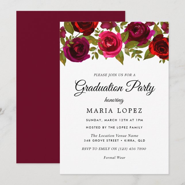 Invitation Fleurs Rouges Bourguignonnes Élégante fête de grad (Devant / Derrière)