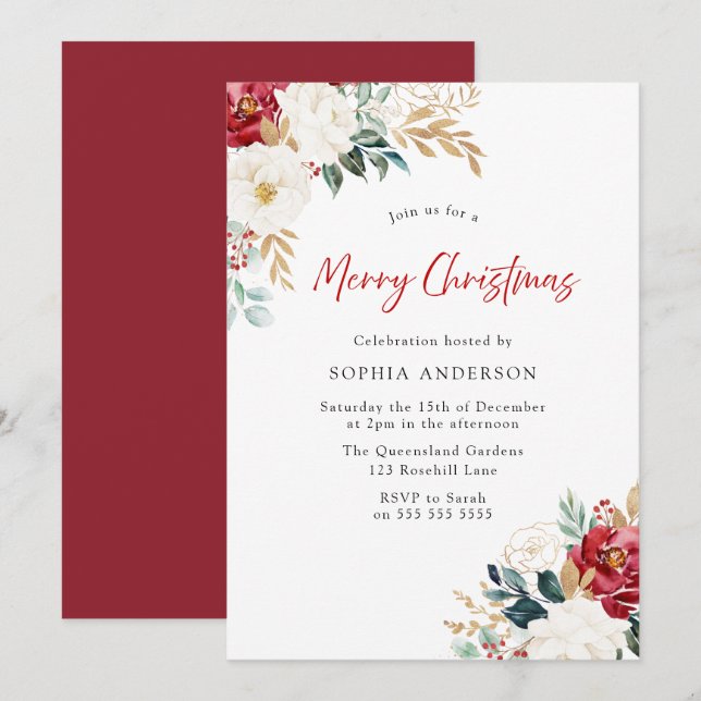 Invitation Fleurs rouges bourguignonnes Joyeux Noël (Devant / Derrière)