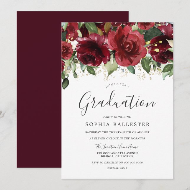 Invitation Fleurs rouges bourguignonnes Parti de fin d'études (Devant / Derrière)