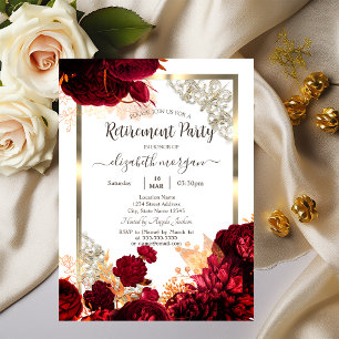 Invitation Fleurs rouges chic Cadre doré Retraite  