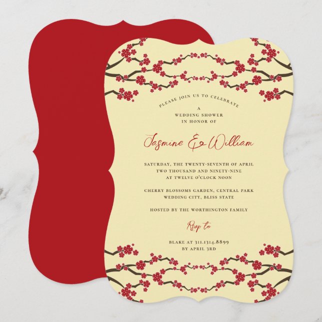 Invitation Fleurs rouges de cerisiers Sakura Wedding shower a (Devant / Derrière)