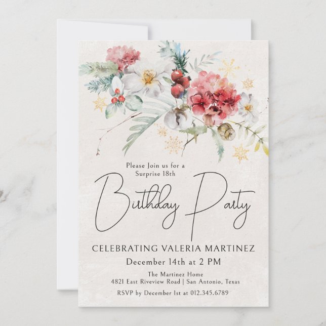 Invitation Fleurs rouges d'hiver 18e anniversaire Surprise Pa (Devant)