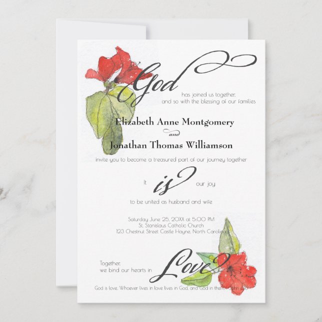 Invitation Fleurs rouges Dieu est Amour Mariage religieux (Devant)