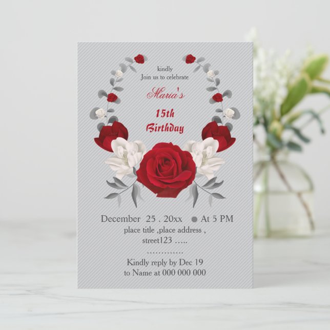 Invitation fleurs rouges et blanches couronne anniversaire (Debout devant)