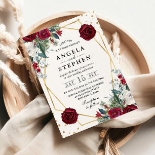 Invitation Fleurs rouges et blanches en cadre doré pour maria