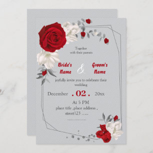 Invitation fleurs rouges et blanches mariage géométrique