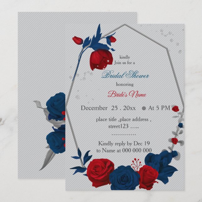 Invitation fleurs rouges et navy shower de mariage géométriqu (Devant / Derrière)
