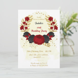 Invitation Fleurs rouges et noires or fête d'anniversaire