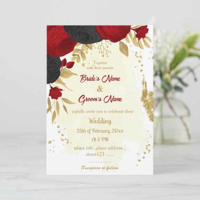 Invitation fleurs rouges et noires or mariage (Debout devant)