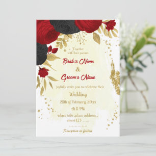 Invitation fleurs rouges et noires or mariage