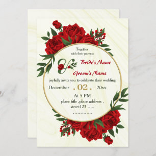 Invitation fleurs rouges feuillage or couronne mariage
