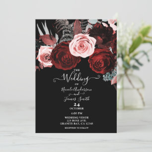 Invitation Fleurs rouges foncées et roses verdure florale mar