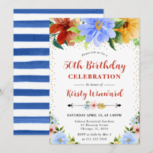 Invitation Fleurs Rouges, Jaunes et Bleues 50e Anniversaire