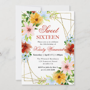 Invitation Fleurs rouges, jaunes et bleues encadrent un Sweet
